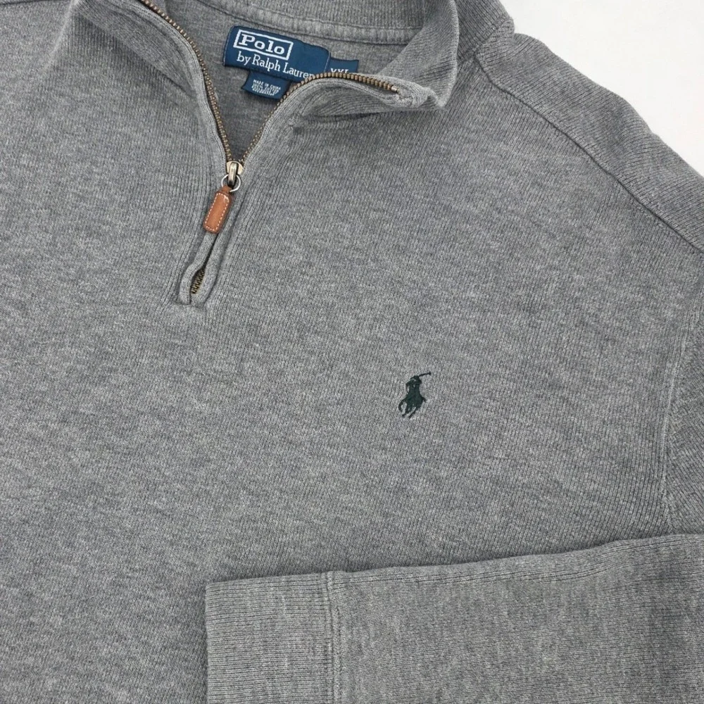 POLO RALPH LAUREN 1/4 ZIP SWEATER MENS 2XL XXL GRAY GREEN PONY VINTAGE 90S EUC